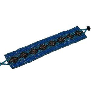 Tribal Seed Bead Bracelet Diamond Pattern 7" Long 1.25" Wide Blue Black